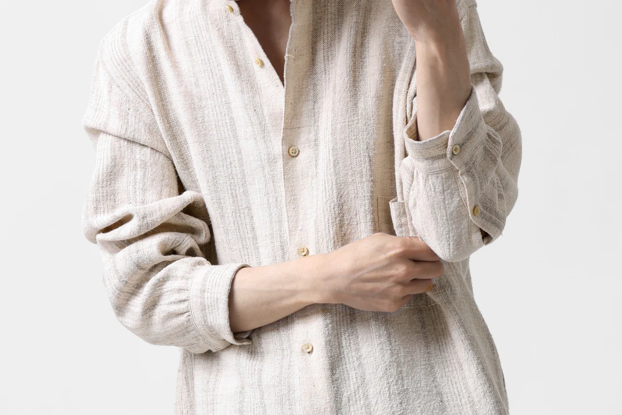 COLINA GARDENER SHIRT / SHADOW STRIPE (LINEN / NEPPED SILK) (BROWN) - Image 39