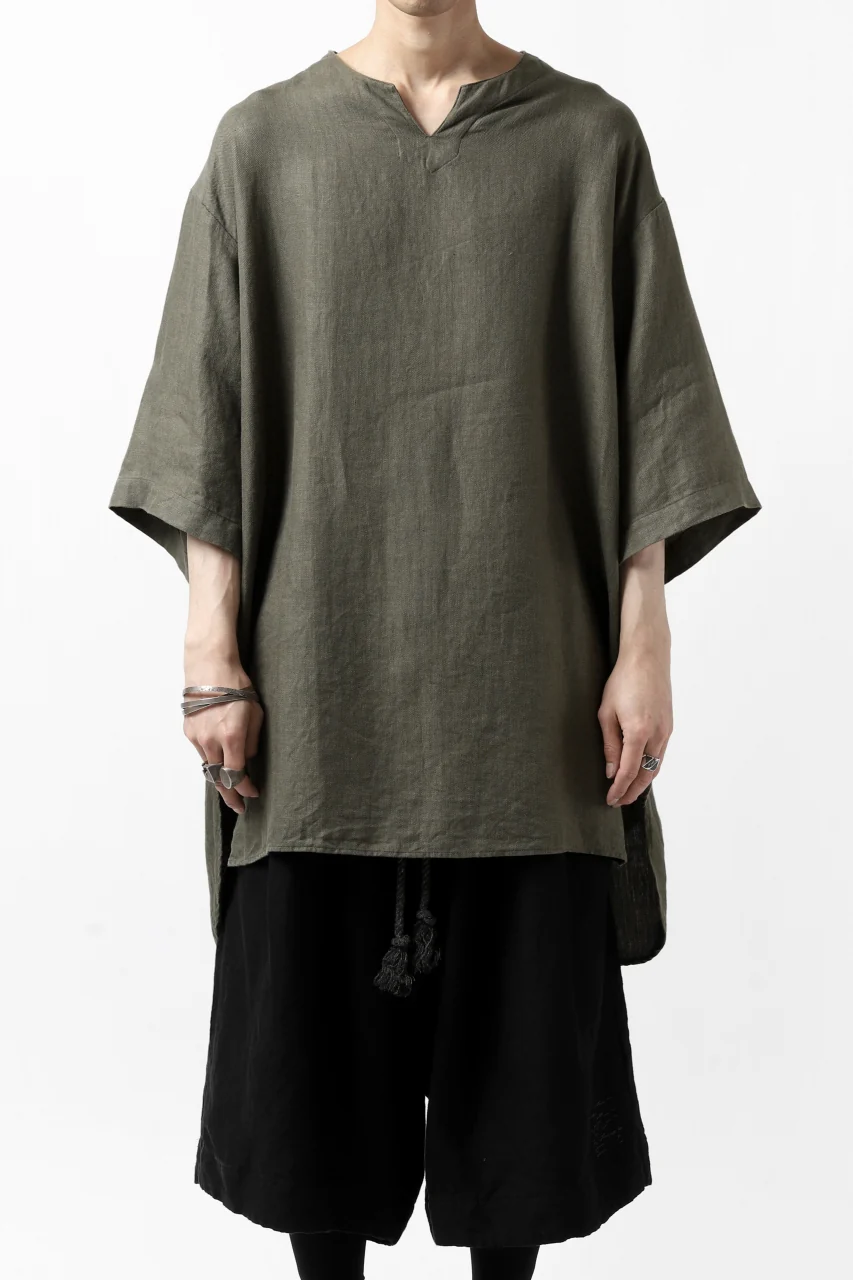 COLINA KEY NECK PULLOVER SHIRT / HERRINGBONE LINEN (OLIVE) - Image 2