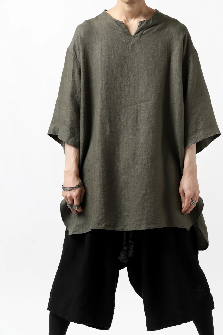 COLINA KEY NECK PULLOVER SHIRT / HERRINGBONE LINEN (OLIVE) - Image 3