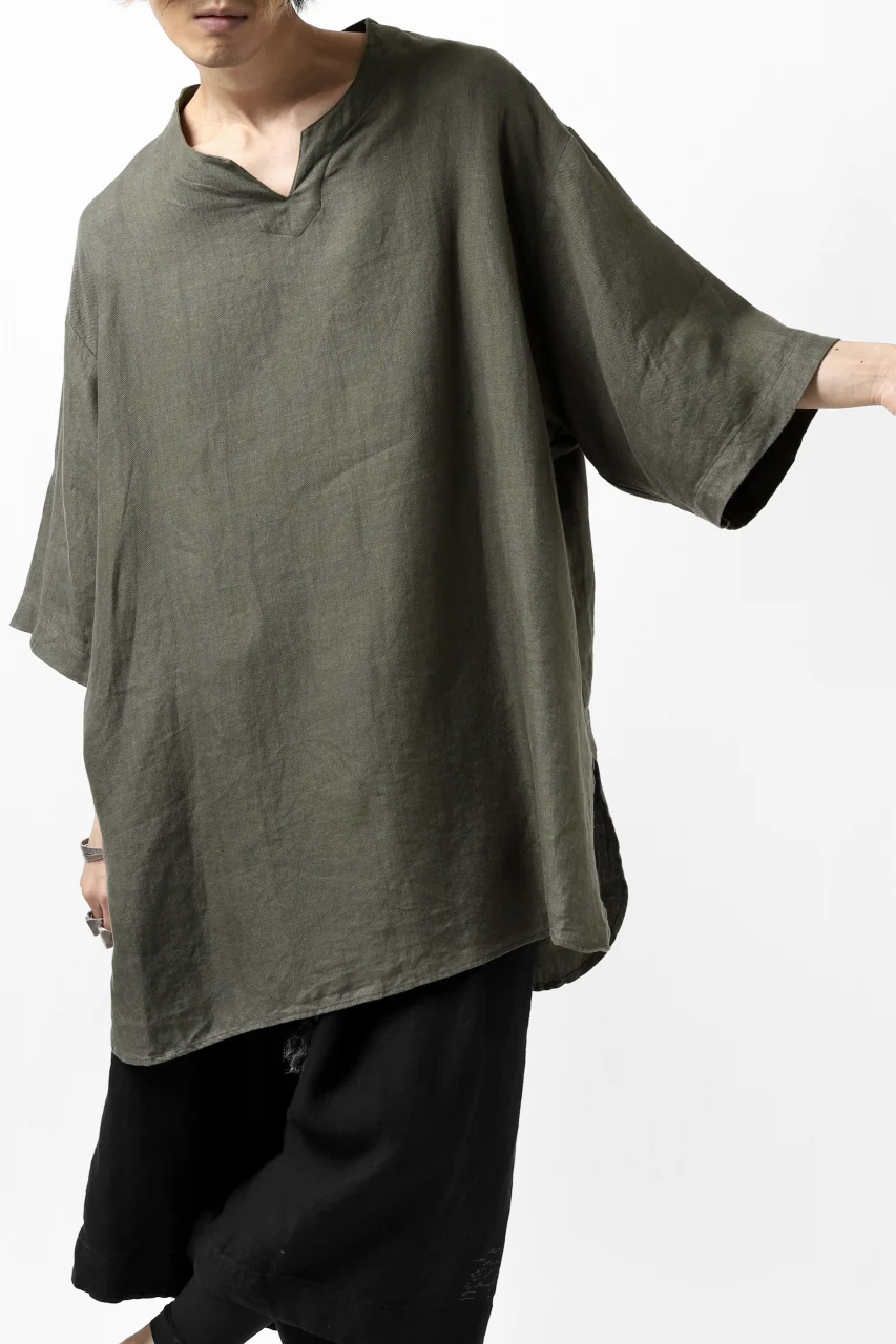 COLINA KEY NECK PULLOVER SHIRT / HERRINGBONE LINEN (OLIVE) - Image 32