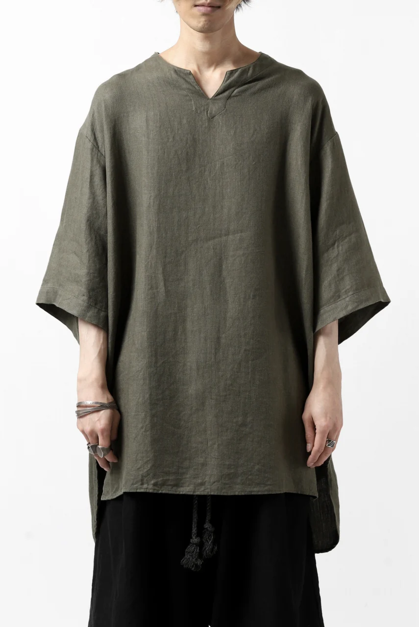 COLINA KEY NECK PULLOVER SHIRT / HERRINGBONE LINEN (OLIVE) - Image 33