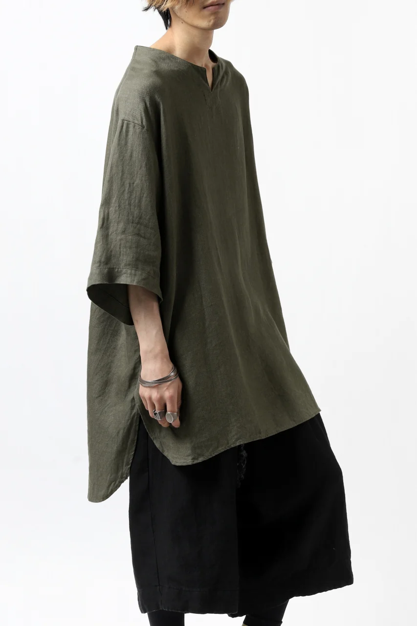 COLINA KEY NECK PULLOVER SHIRT / HERRINGBONE LINEN (OLIVE) - Image 4