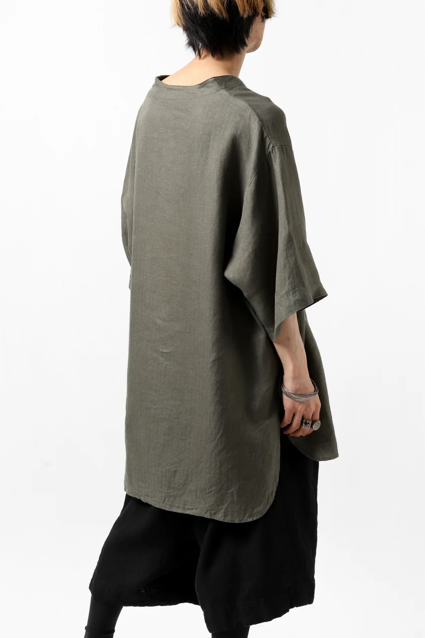 COLINA KEY NECK PULLOVER SHIRT / HERRINGBONE LINEN (OLIVE) - Image 5