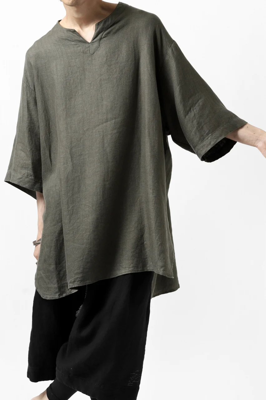 COLINA KEY NECK PULLOVER SHIRT / HERRINGBONE LINEN (OLIVE) - Image 6
