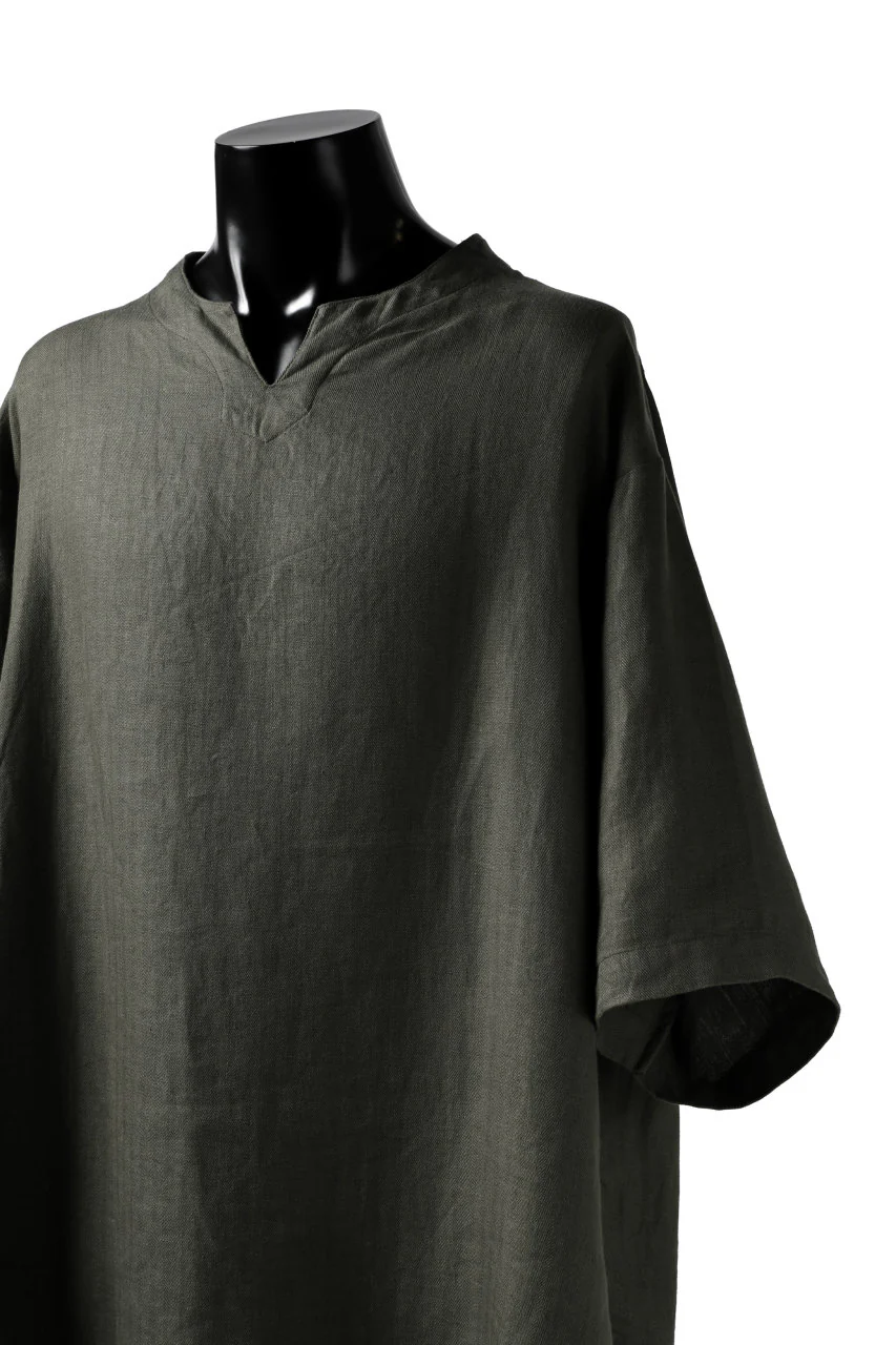 COLINA KEY NECK PULLOVER SHIRT / HERRINGBONE LINEN (OLIVE) - Image 7