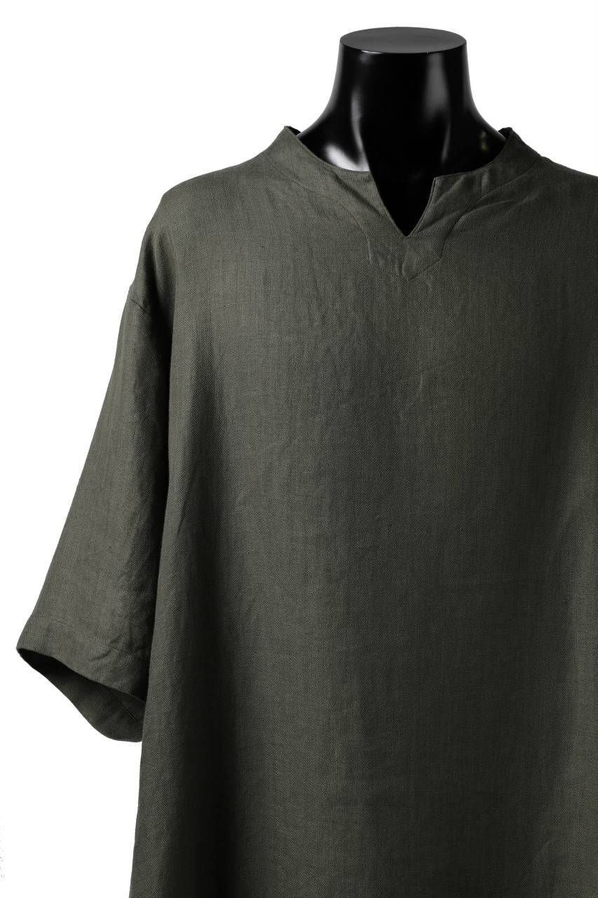 COLINA KEY NECK PULLOVER SHIRT / HERRINGBONE LINEN (OLIVE) - Image 9