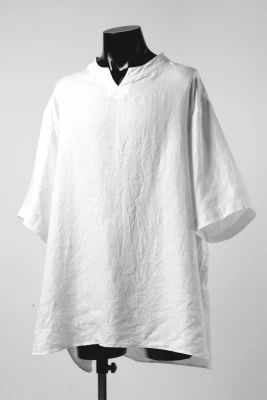 COLINA KEY NECK PULLOVER SHIRT / HERRINGBONE LINEN (WHITE) - Image 2