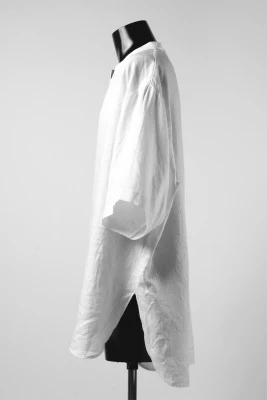 COLINA KEY NECK PULLOVER SHIRT / HERRINGBONE LINEN (WHITE) - Image 3