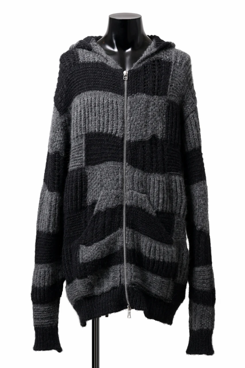 daub PATCHWORK JACQUARD KNIT HOODED JACKET / ALPACA WOOL (D. GREY×BLACK)