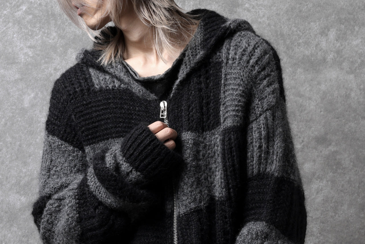 daub PATCHWORK JACQUARD KNIT HOODED JACKET / ALPACA WOOL (D. GREY×BLACK) - Image 47