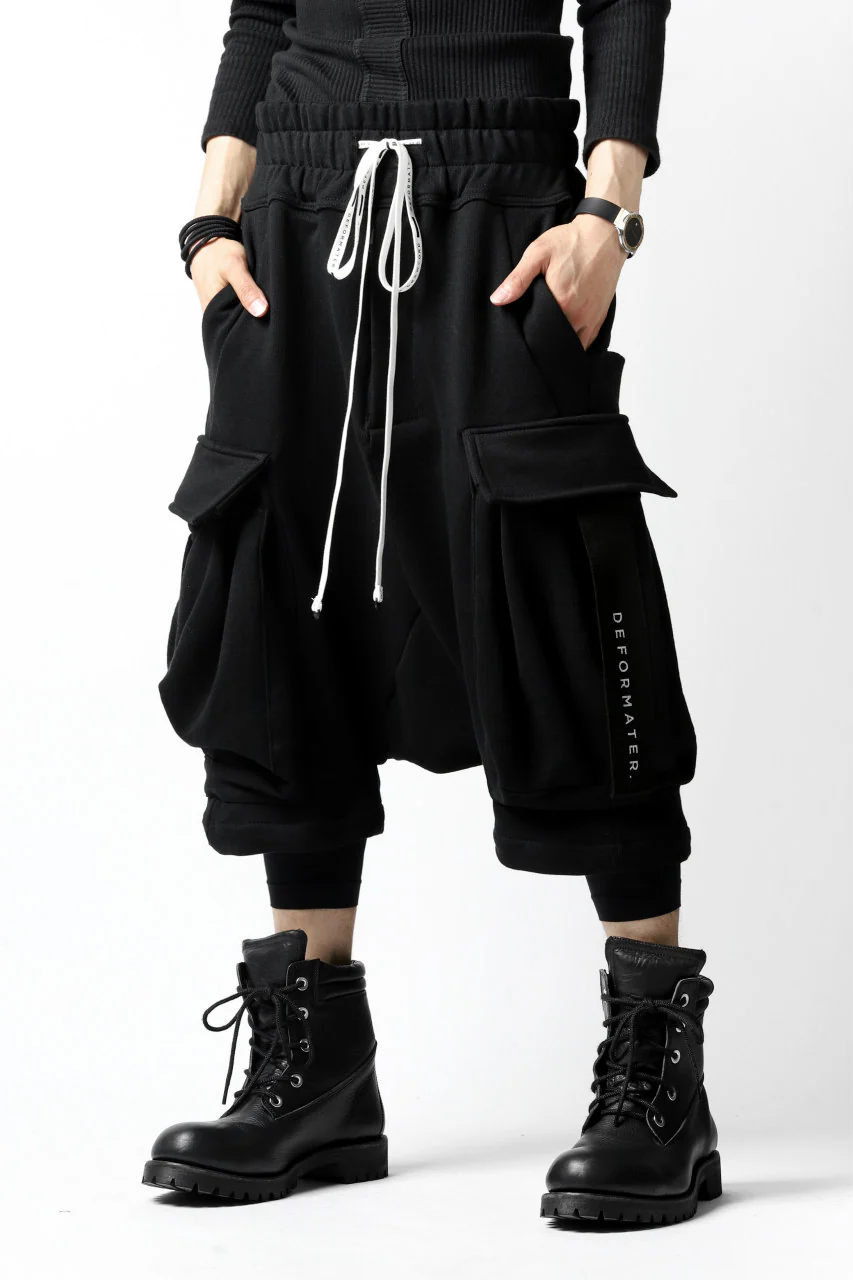 DEFORMATER.® HANGING DROP CROTCH CARGO SHORTS / COTTON SWEAT (BLACK) - Image 5
