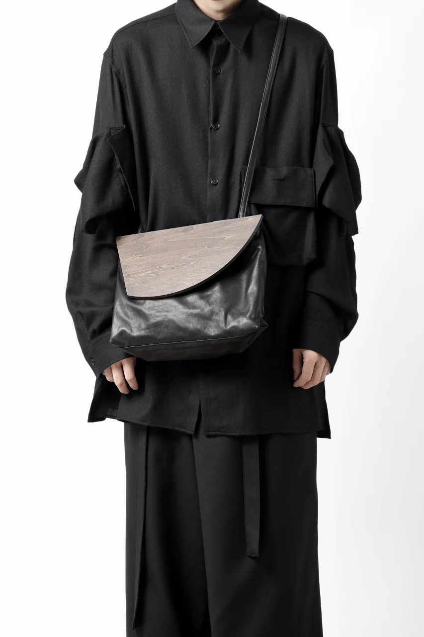 discord Yohji Yamamoto Namu Shoulder Bag / Soft Shrink Cow Leather + Wood (BLACK) - Image 14
