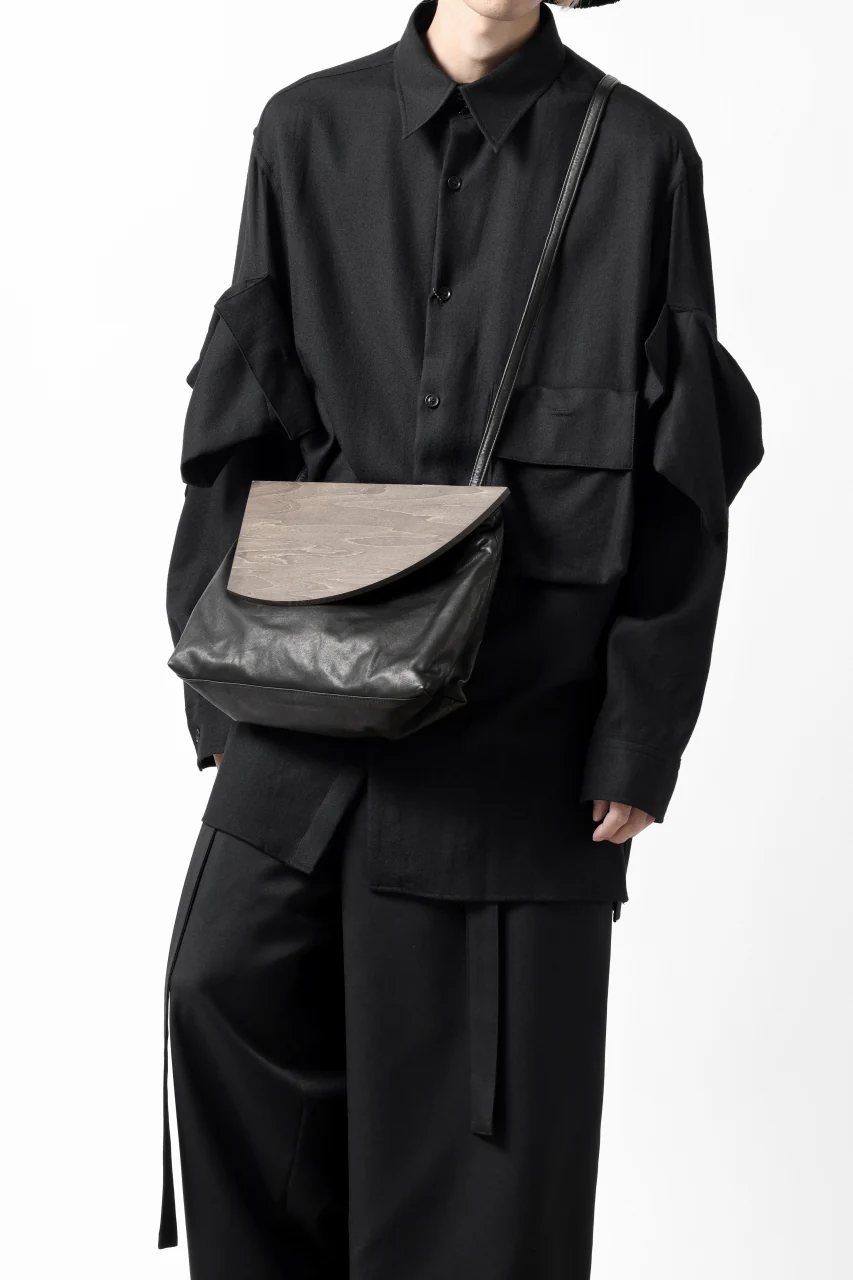 discord Yohji Yamamoto Namu Shoulder Bag / Soft Shrink Cow Leather + Wood (BLACK) - Image 16