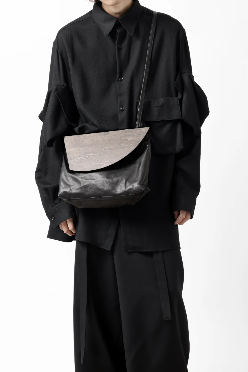 discord Yohji Yamamoto Namu Shoulder Bag / Soft Shrink Cow Leather + Wood (BLACK) - Image 17