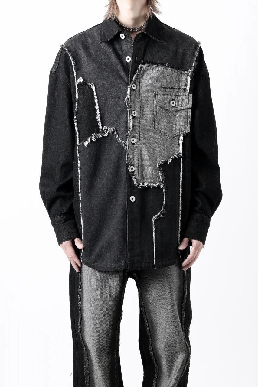 Feng Chen Wang RAW EDGE PATCHWORK DENIM SHIRT JACKET (BLACK) - Image 10