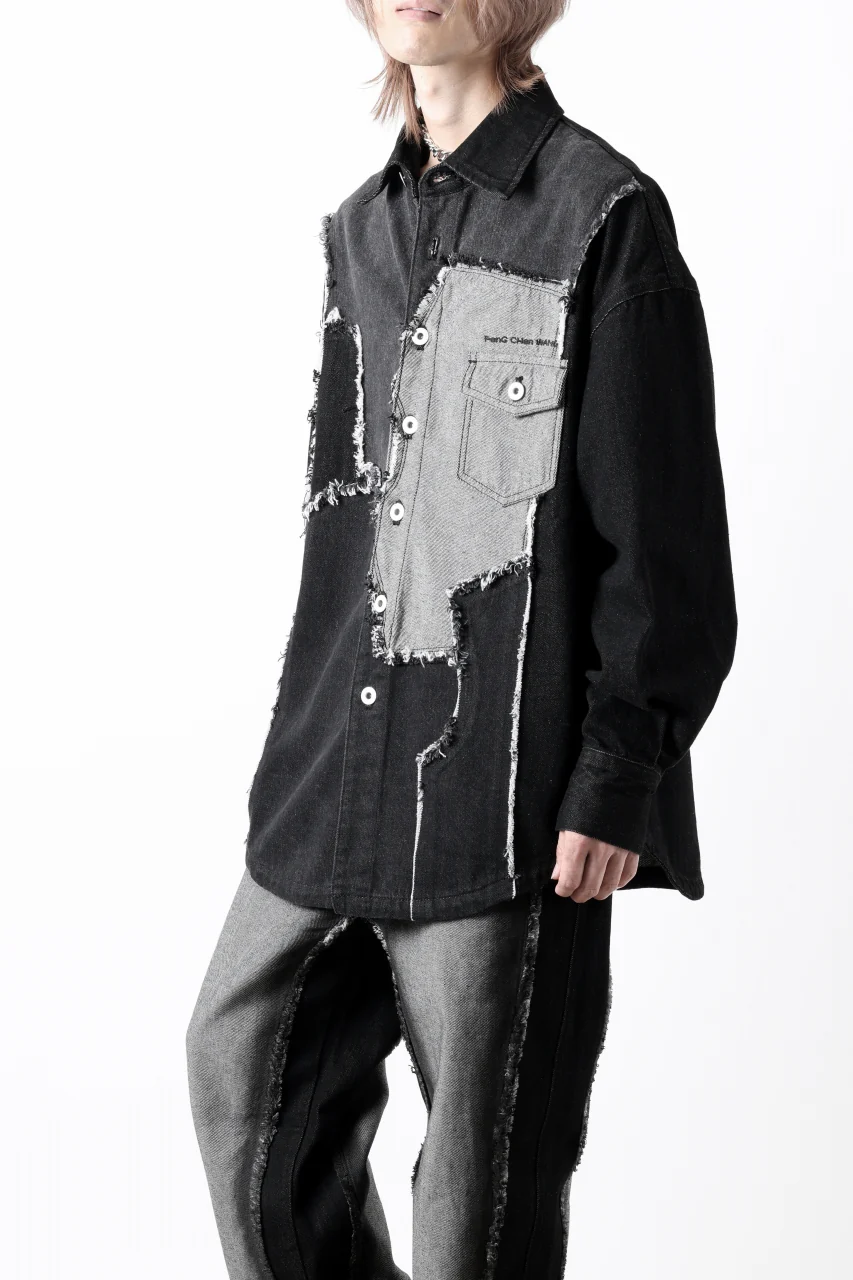 Feng Chen Wang RAW EDGE PATCHWORK DENIM SHIRT JACKET (BLACK) - Image 14
