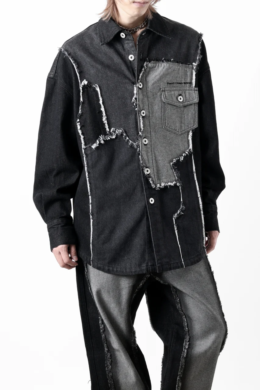 Feng Chen Wang RAW EDGE PATCHWORK DENIM SHIRT JACKET (BLACK) - Image 16