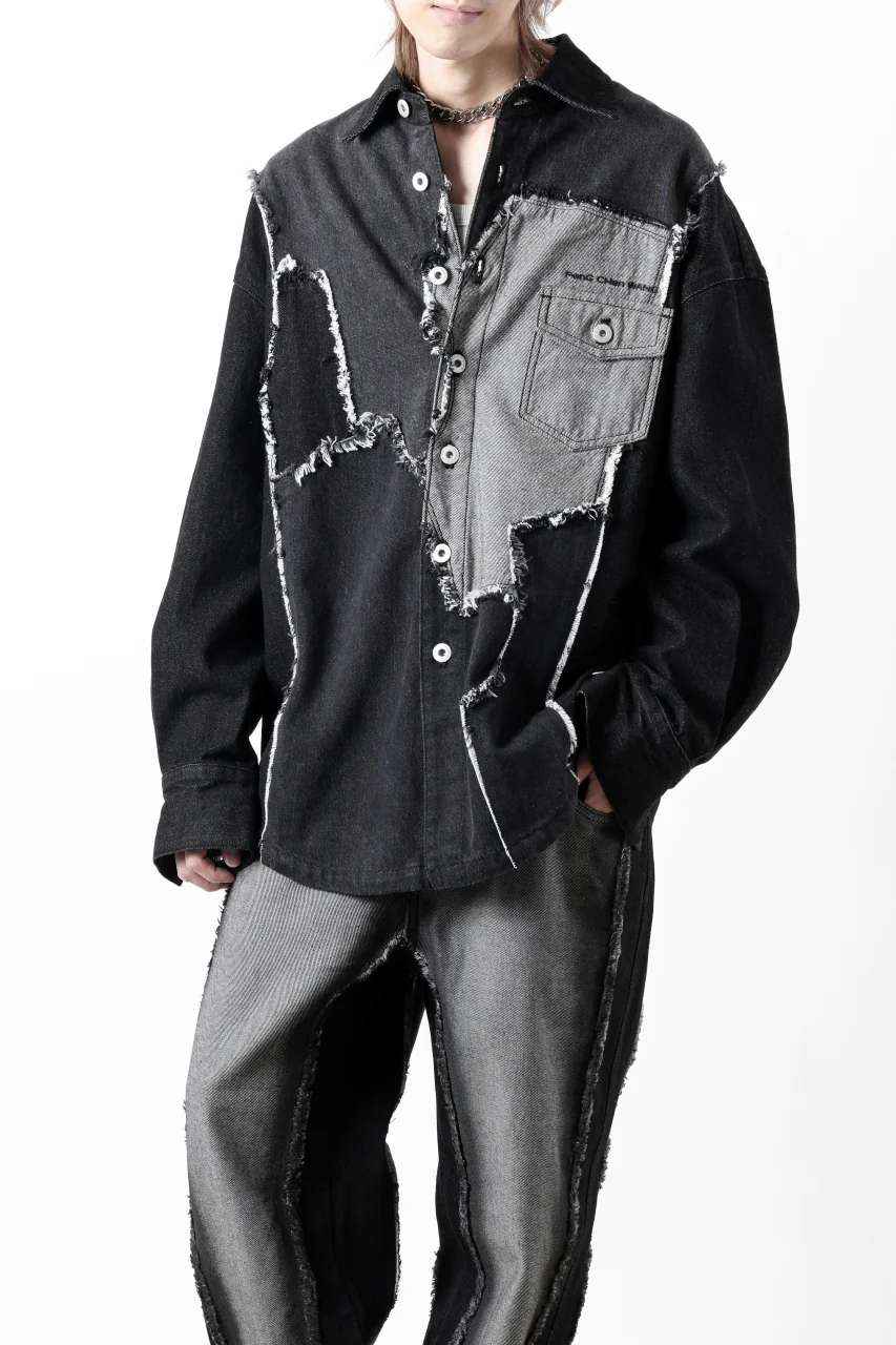 Feng Chen Wang RAW EDGE PATCHWORK DENIM SHIRT JACKET (BLACK) - Image 19