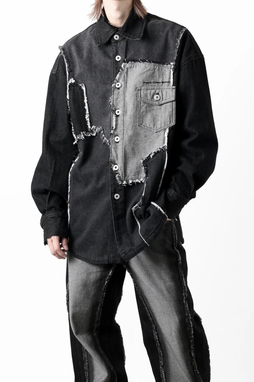 Feng Chen Wang RAW EDGE PATCHWORK DENIM SHIRT JACKET (BLACK) - Image 6