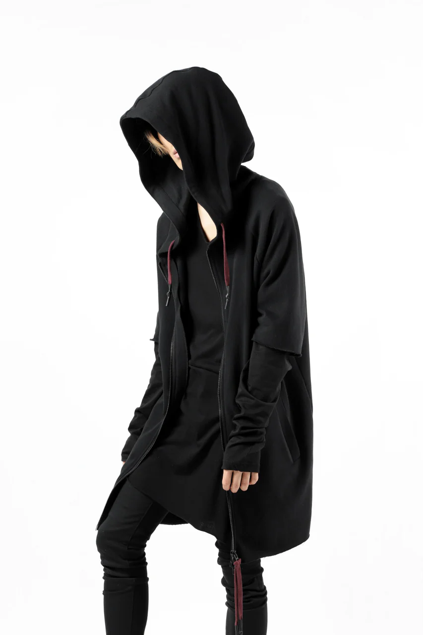 FIRST AID TO THE INJURED HOODY LAYERED SLEEVE ZIP PARKA / FRENCH TERRY + JERSEY (BLACK) - Image 12