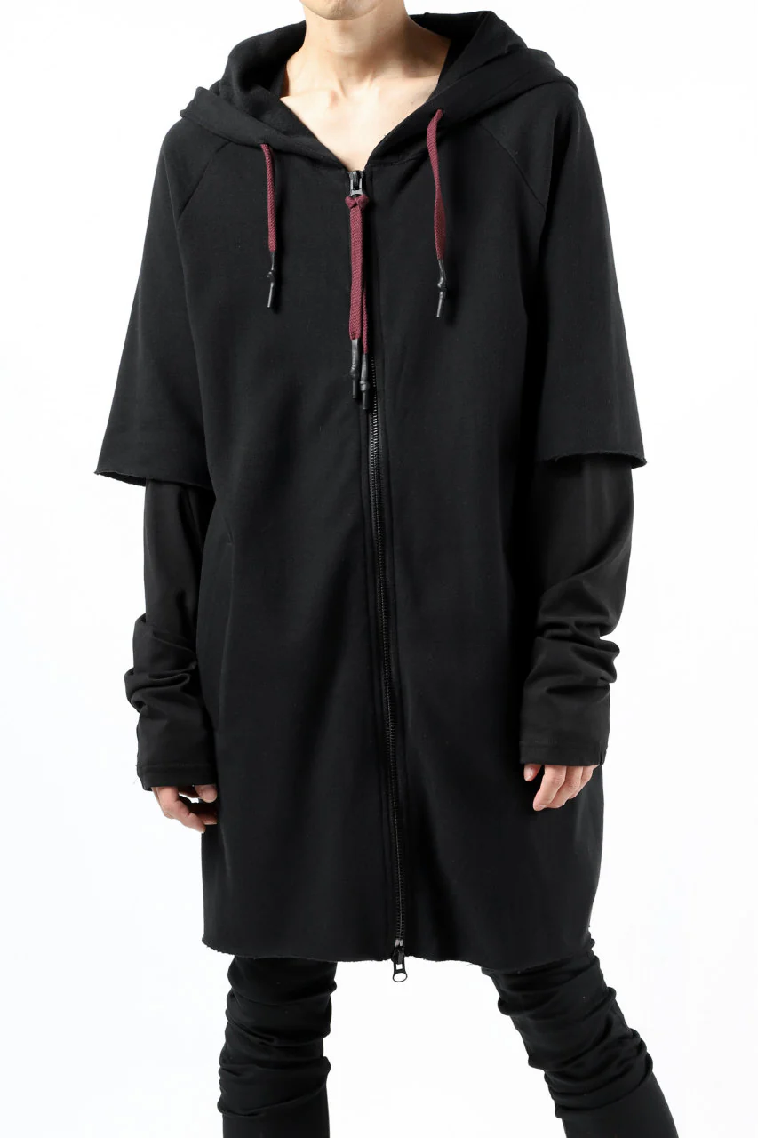 FIRST AID TO THE INJURED HOODY LAYERED SLEEVE ZIP PARKA / FRENCH TERRY + JERSEY (BLACK) - Image 3