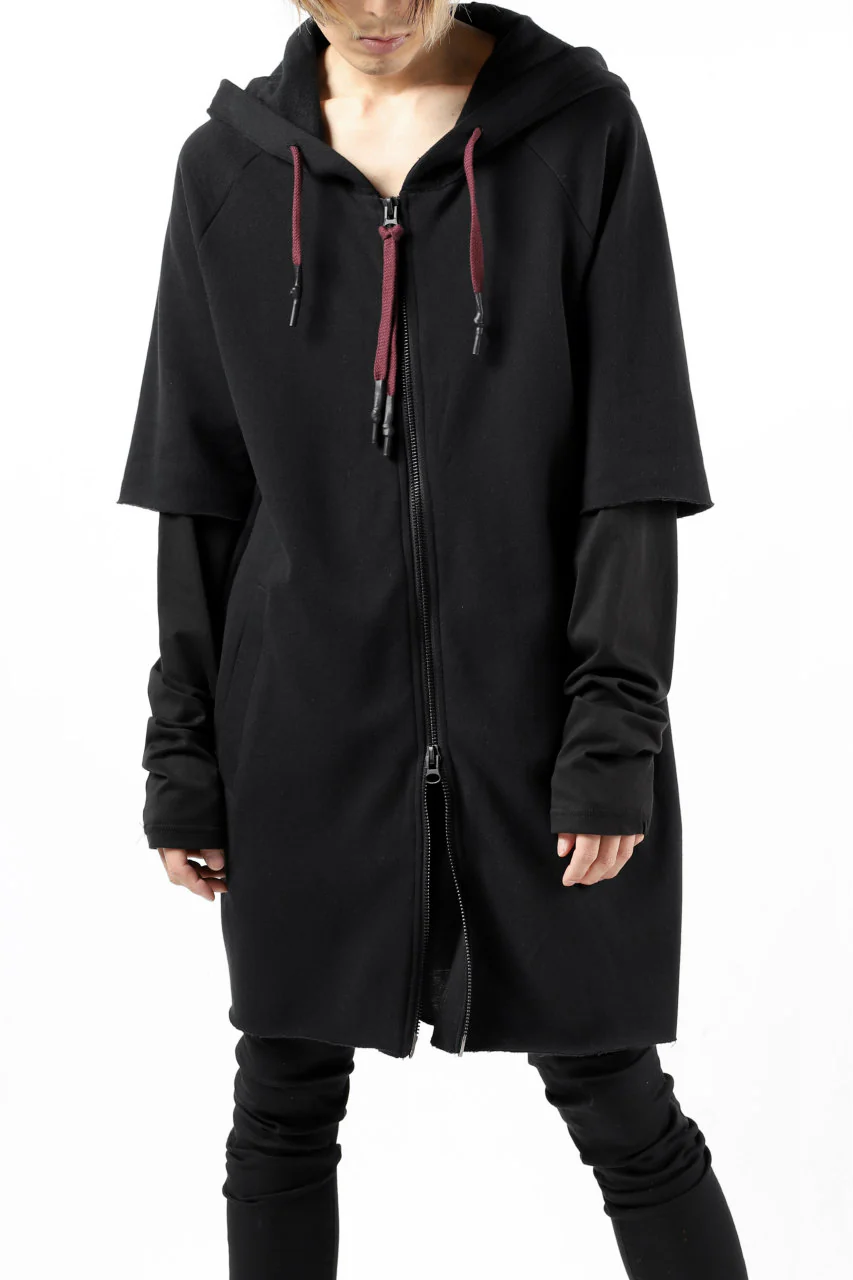 FIRST AID TO THE INJURED HOODY LAYERED SLEEVE ZIP PARKA / FRENCH TERRY + JERSEY (BLACK) - Image 4