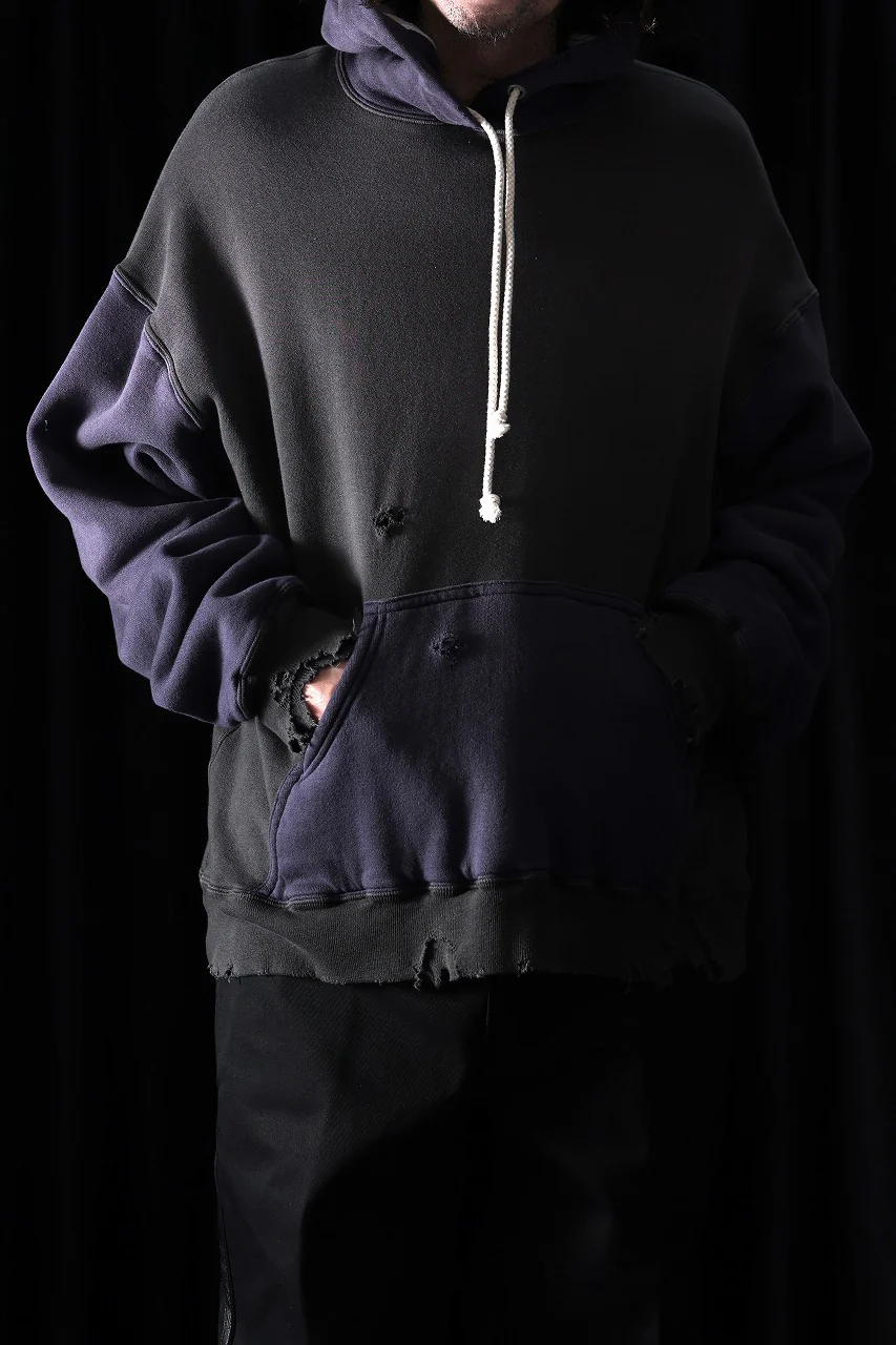 FULLCOUNT FADING DOUBLE FACE SWEAT HOODIE (EGG PLANT x BLACK) - Image 5