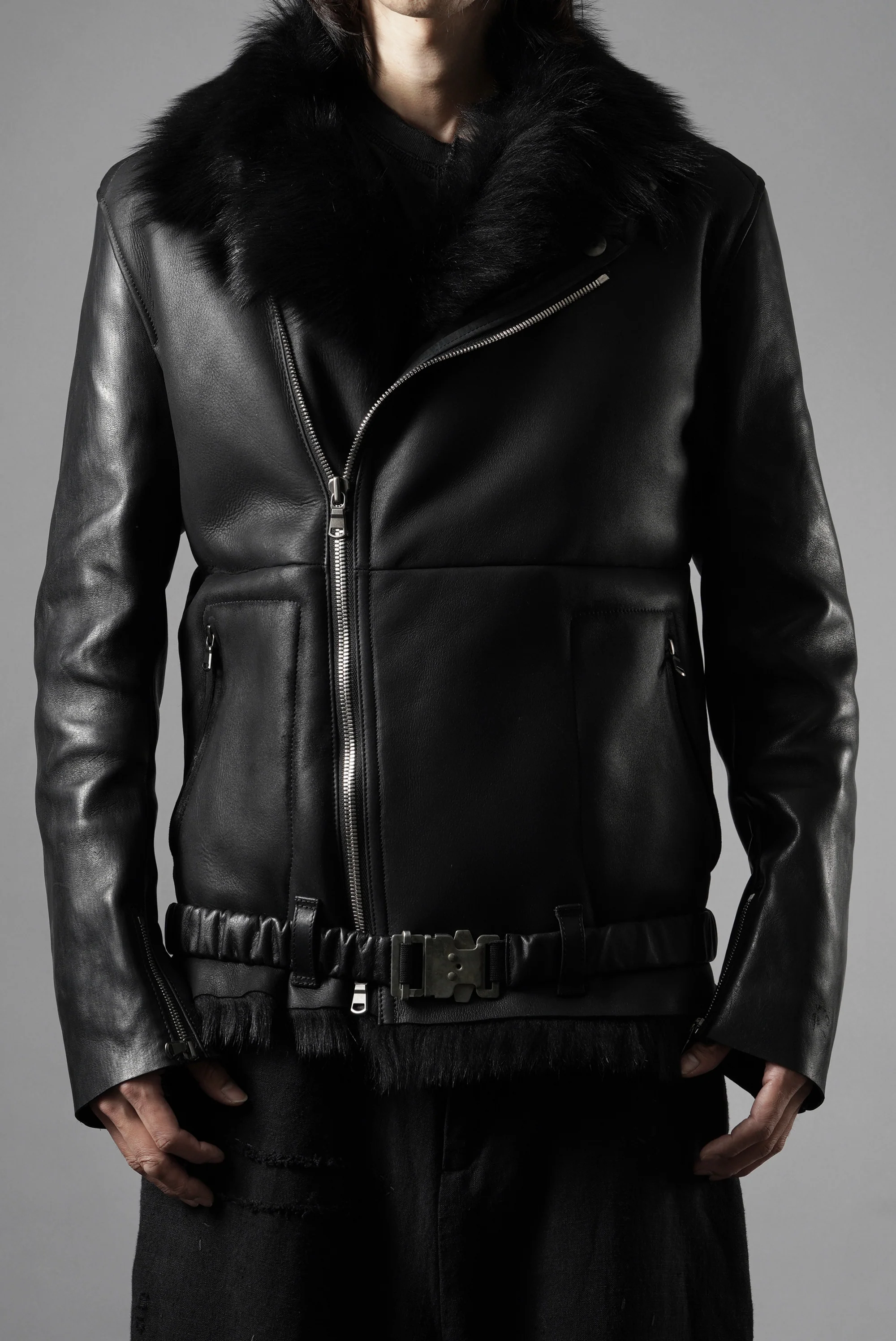 ierib exclusive Double Breasted Riders Jacket / Toscana Shearling Mouton + Horse Leather (BLACK) - Image 17