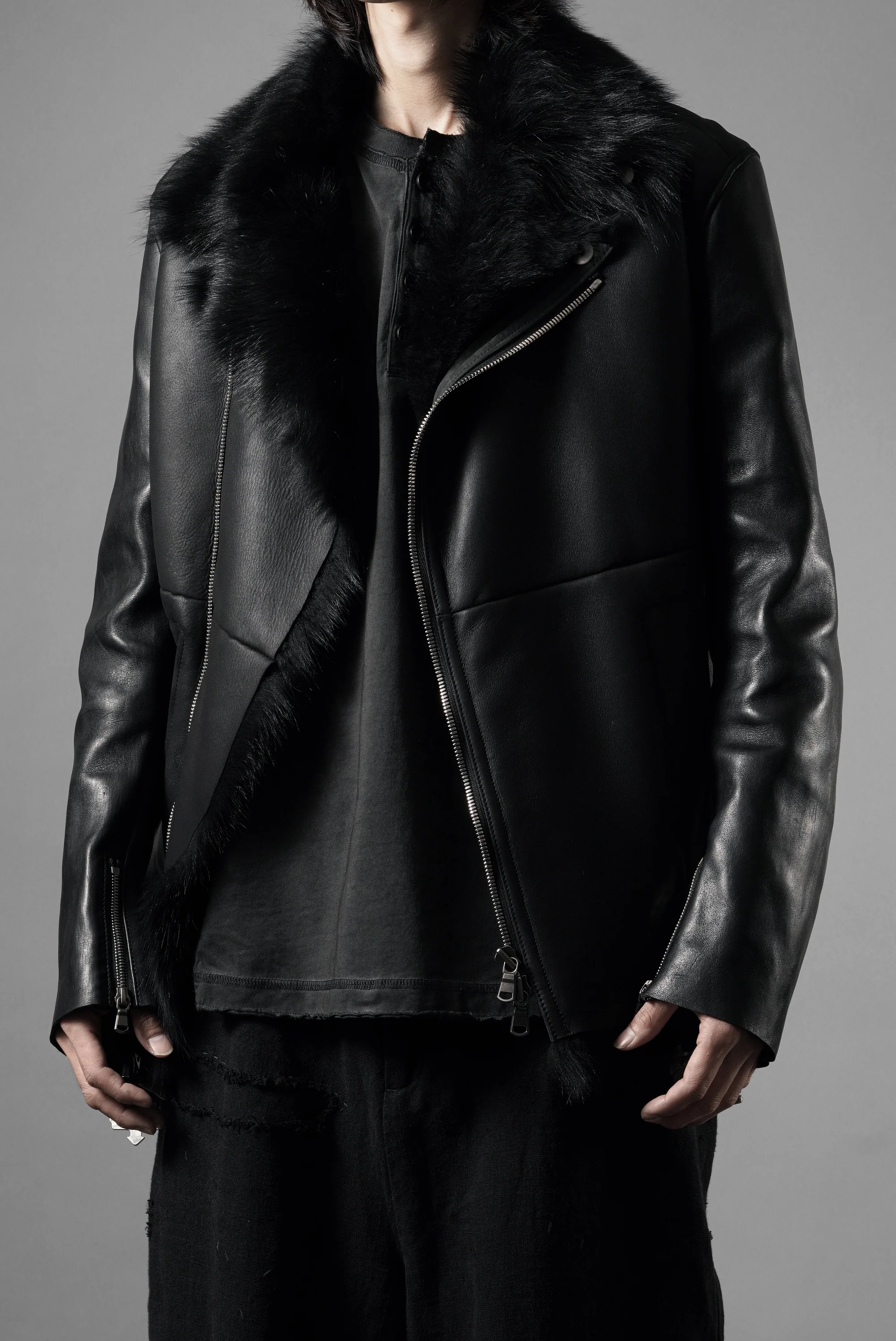 ierib exclusive Double Breasted Riders Jacket / Toscana Shearling Mouton + Horse Leather (BLACK) - Image 21