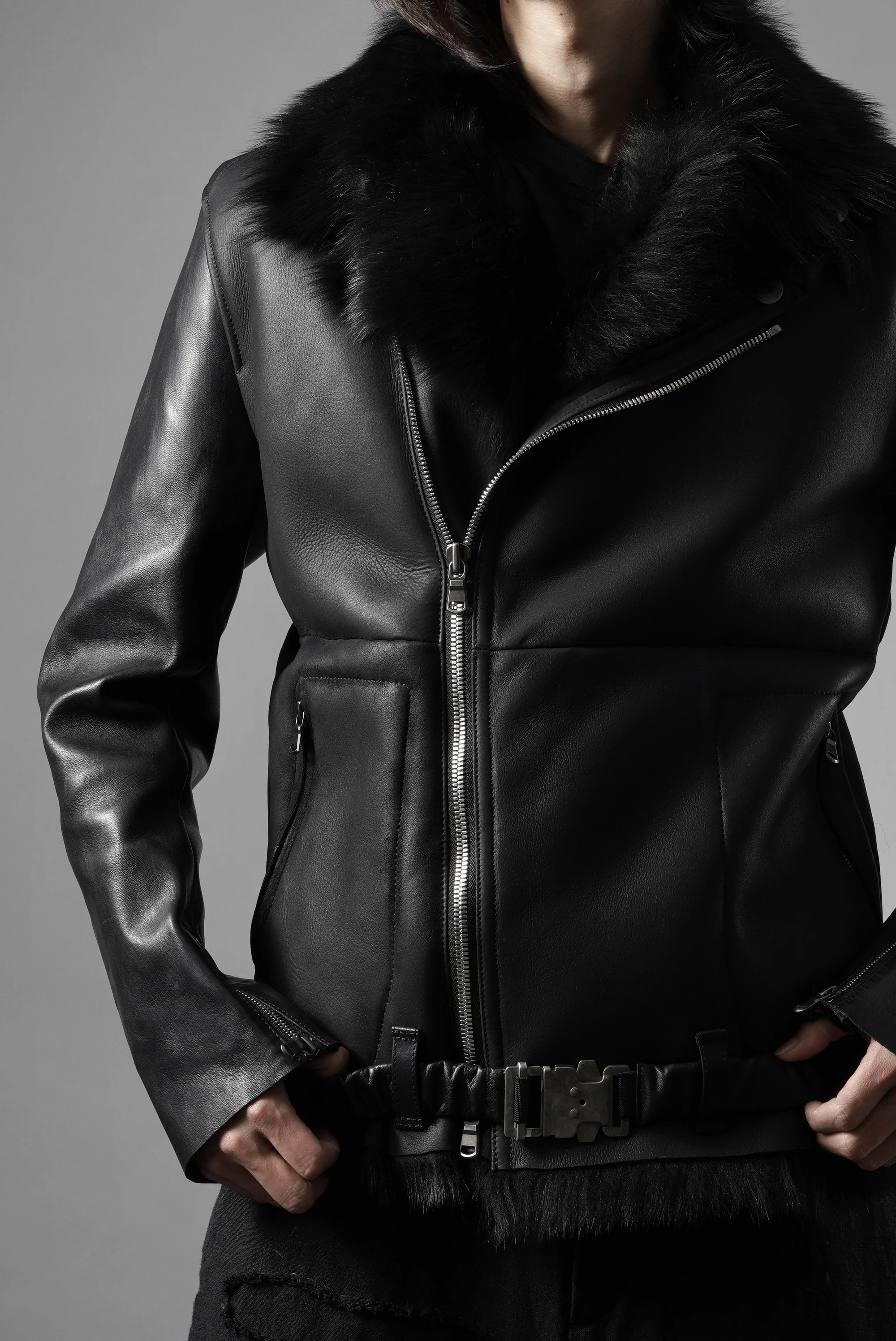ierib exclusive Double Breasted Riders Jacket / Toscana Shearling Mouton + Horse Leather (BLACK) - Image 22