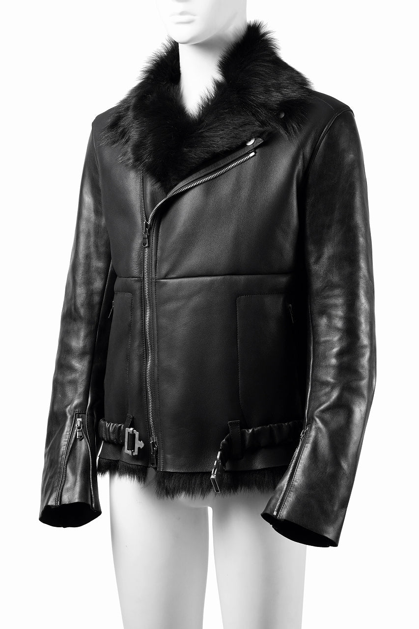 ierib exclusive Double Breasted Riders Jacket / Toscana Shearling Mouton + Horse Leather (BLACK) - Image 4