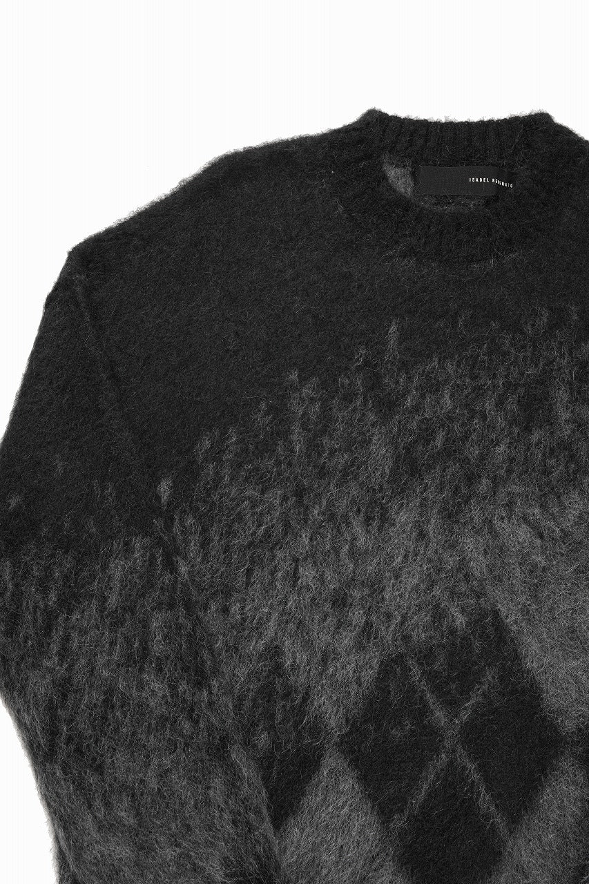 ISABEL BENENATO Gauzed Mohair Crew-Neck Sweater in Shaded Check (BLACK / GRAPHITE) - Image 5