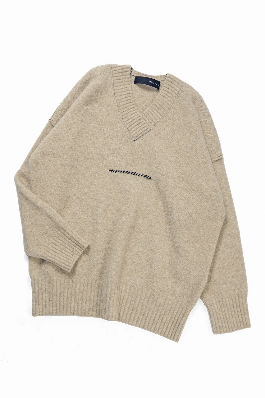 ISABEL BENENATO Yak V-neck Over Sweater with Contrast & Crotch Stitching (NATURAL) - Image 3