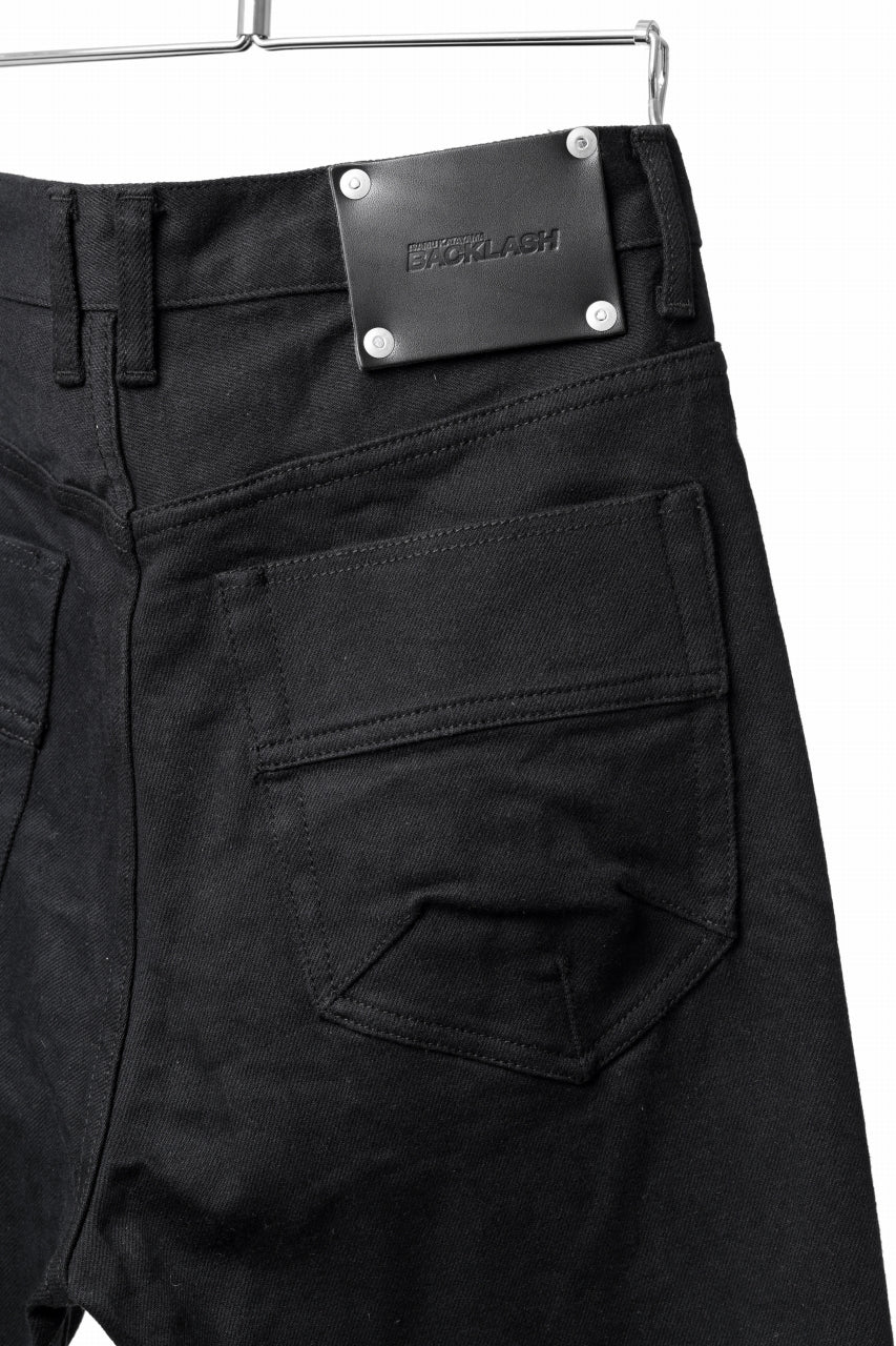 ISAMU KATAYAMA BACKLASH BLACK LEATHER KNEE PADS SLIM PANTS / "京都紋付 - 漆黒染" 13oz STRETCH DENIM (BLACK) - Image 13