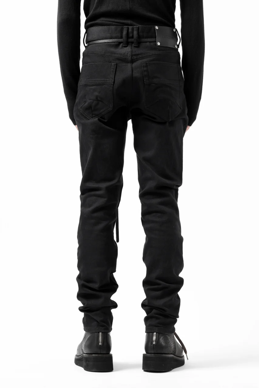 ISAMU KATAYAMA BACKLASH BLACK LEATHER KNEE PADS SLIM PANTS / "京都紋付 - 漆黒染" 13oz STRETCH DENIM (BLACK) - Image 18