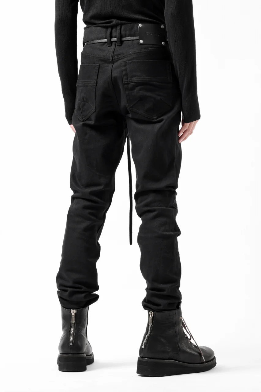 ISAMU KATAYAMA BACKLASH BLACK LEATHER KNEE PADS SLIM PANTS / "京都紋付 - 漆黒染" 13oz STRETCH DENIM (BLACK) - Image 22