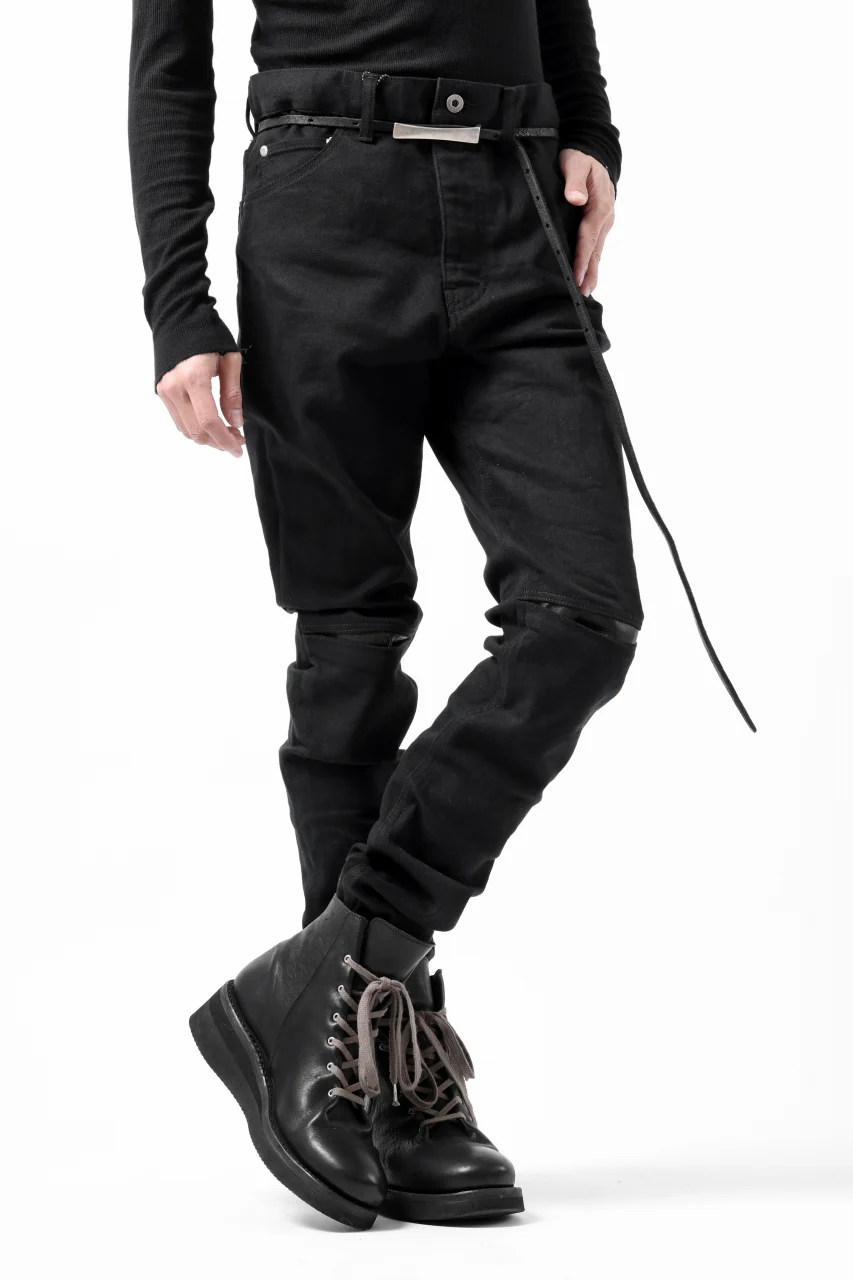ISAMU KATAYAMA BACKLASH BLACK LEATHER KNEE PADS SLIM PANTS / "京都紋付 - 漆黒染" 13oz STRETCH DENIM (BLACK) - Image 23