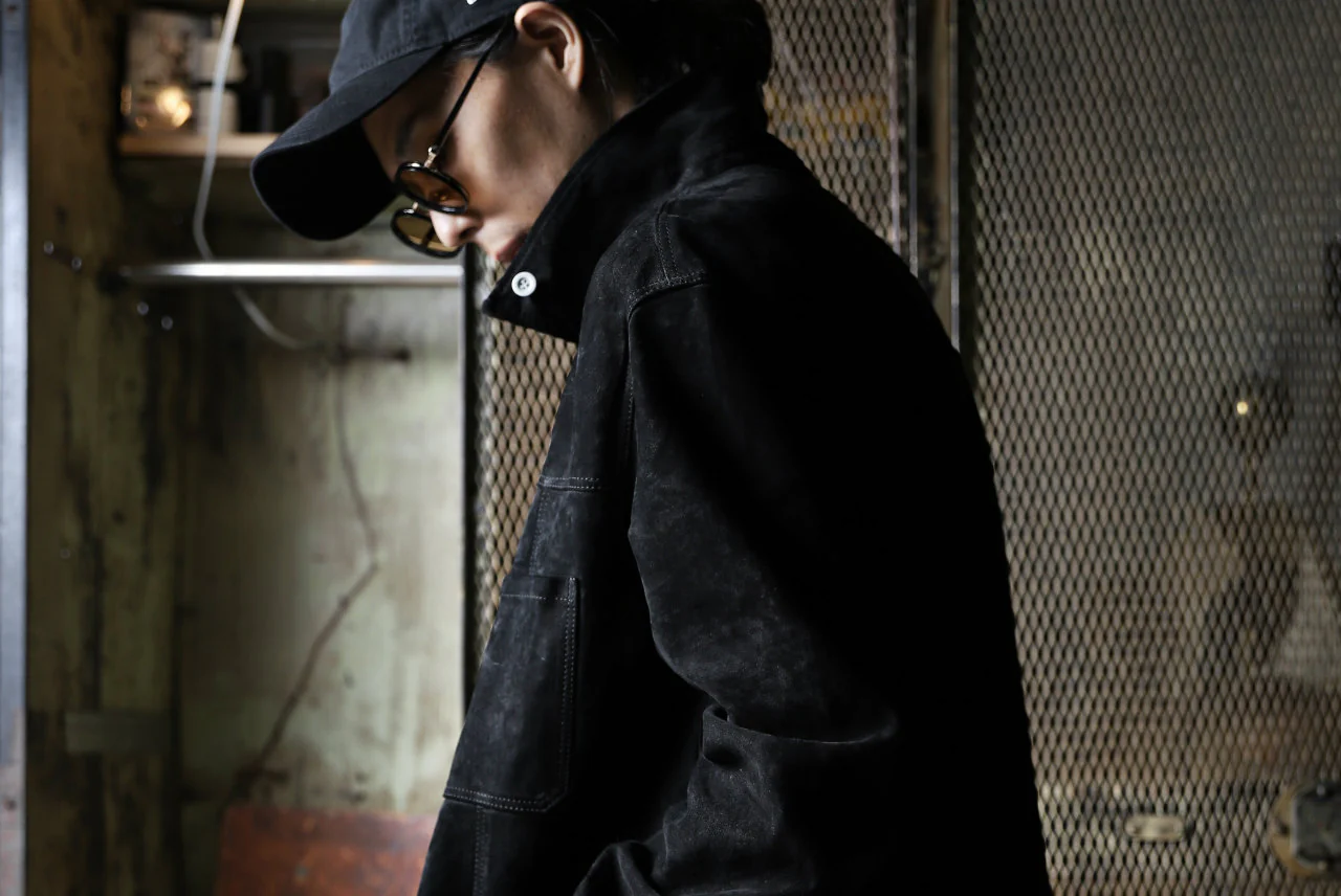 ISAMU KATAYAMA BACKLASH COVERALL JACKET / REVERSE CALF OBJECT DYED (BLACK) - Image 79