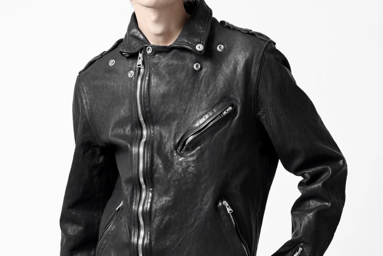 ISAMU KATAYAMA BACKLASH DOUBLE RIDERS JACKET "RELAX" / GARMENT WASHED JP CALF (BLACK) - Image 86