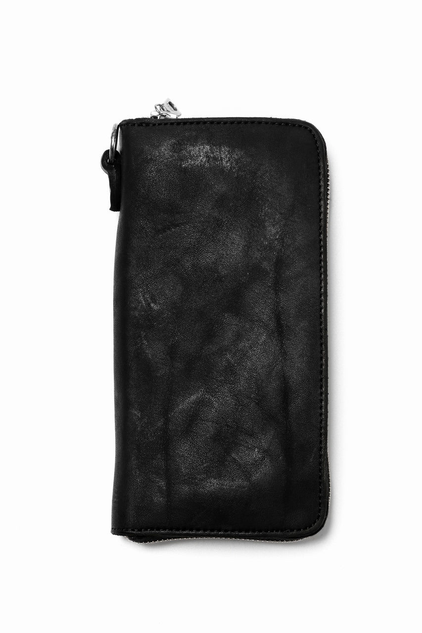 ISAMU KATAYAMA BACKLASH exclusive ROUND FASTNER WALLET / DOUBLE-SHOULDER OBJECT DYED (BLACK)