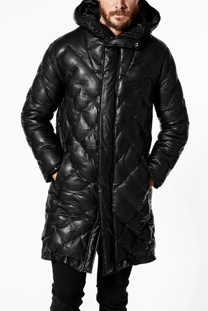 ISAMU KATAYAMA BACKLASH HOODED DAWN COAT / [KANGAROO LEATHER / POLAND WHITE GOOSE] (BLACK) - Image 4