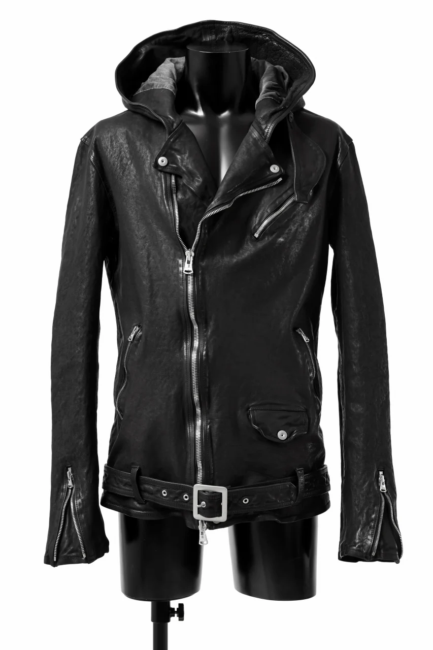 ISAMU KATAYAMA BACKLASH HOODED RIDERS JACKET / GARMENT WASHED JP CALF (BLACK)