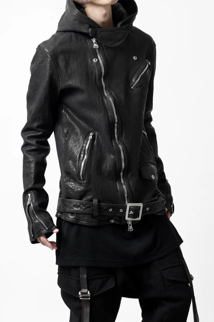ISAMU KATAYAMA BACKLASH HOODED RIDERS JACKET / GARMENT WASHED JP CALF (BLACK) - Image 13