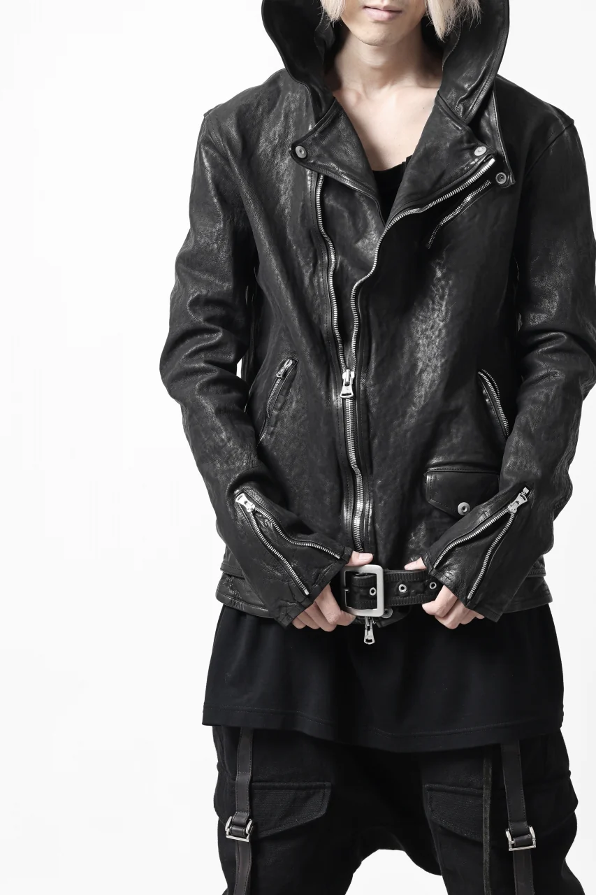 ISAMU KATAYAMA BACKLASH HOODED RIDERS JACKET / GARMENT WASHED JP CALF (BLACK) - Image 2