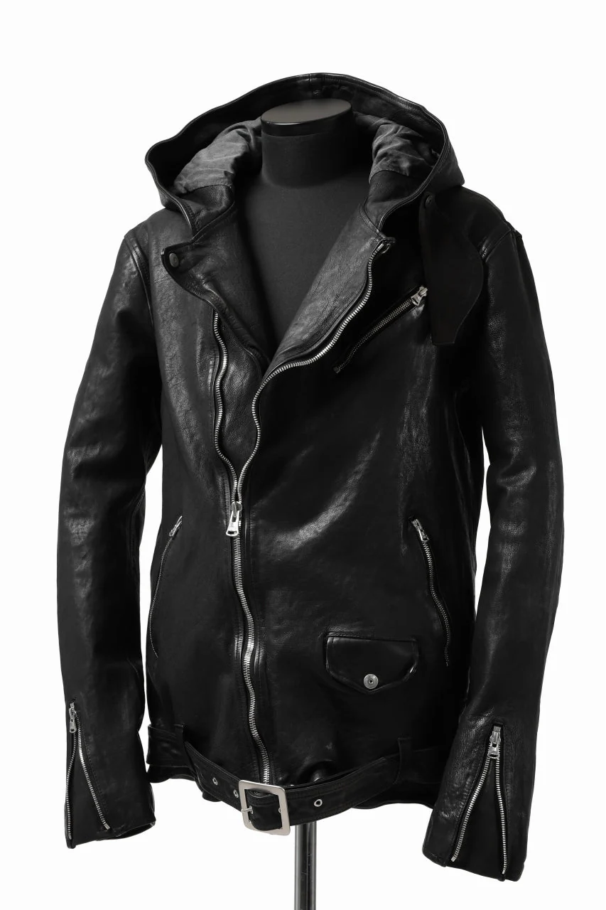 ISAMU KATAYAMA BACKLASH HOODED RIDERS JACKET / GARMENT WASHED JP CALF (BLACK) - Image 26