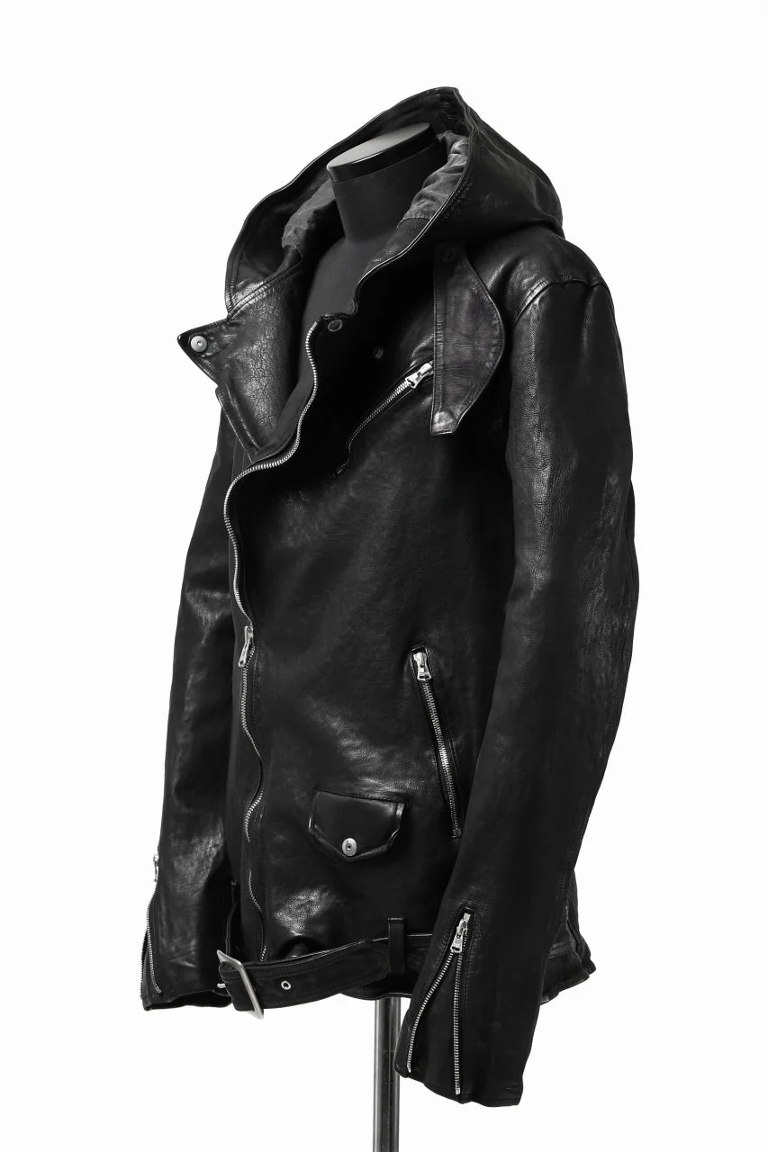 ISAMU KATAYAMA BACKLASH HOODED RIDERS JACKET / GARMENT WASHED JP CALF (BLACK) - Image 27