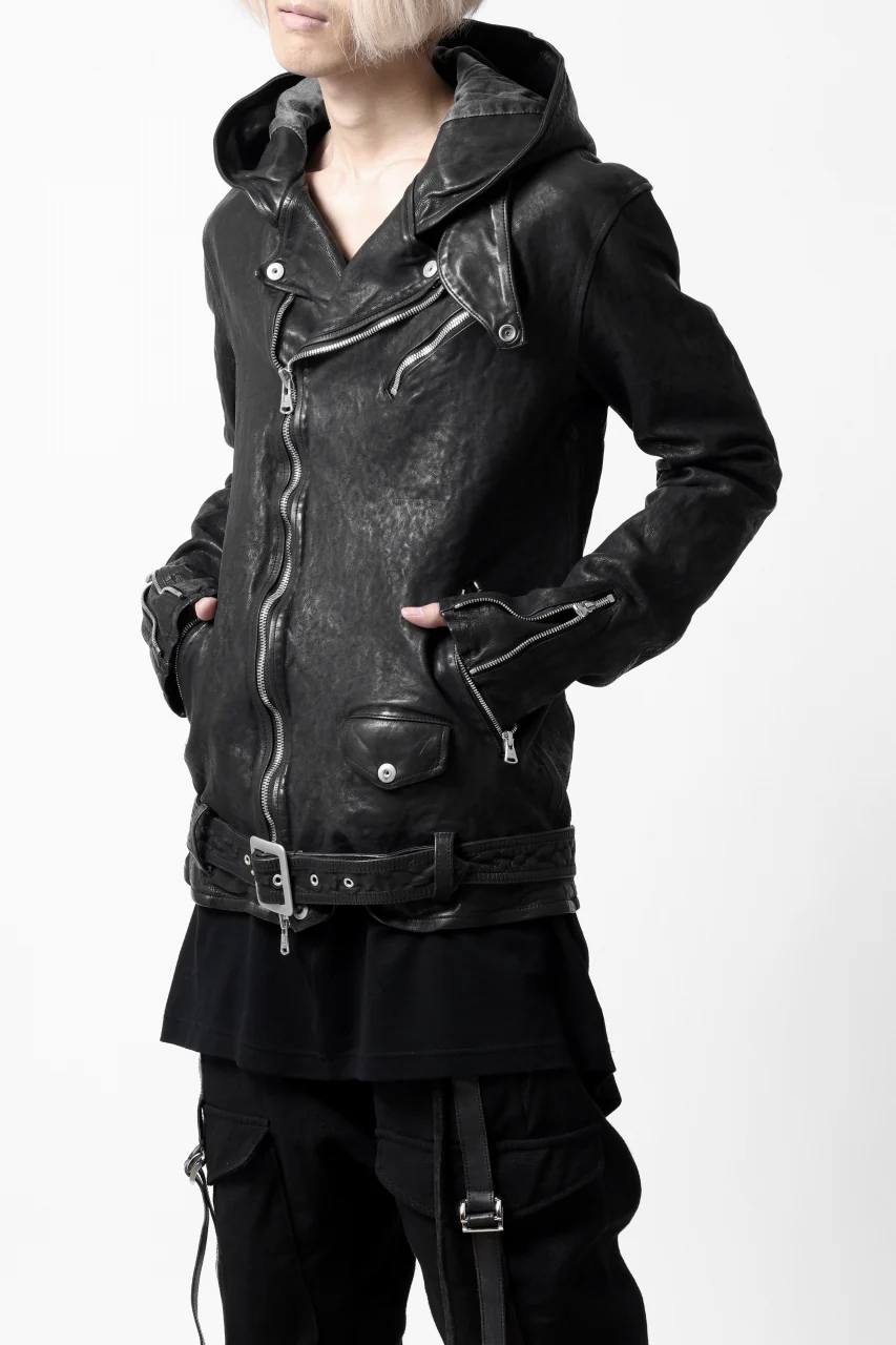 ISAMU KATAYAMA BACKLASH HOODED RIDERS JACKET / GARMENT WASHED JP CALF (BLACK) - Image 3