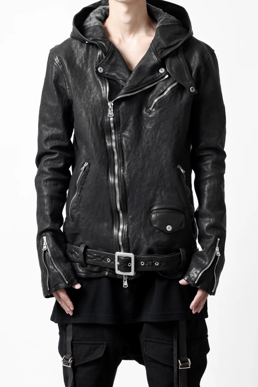 ISAMU KATAYAMA BACKLASH HOODED RIDERS JACKET / GARMENT WASHED JP CALF (BLACK) - Image 4
