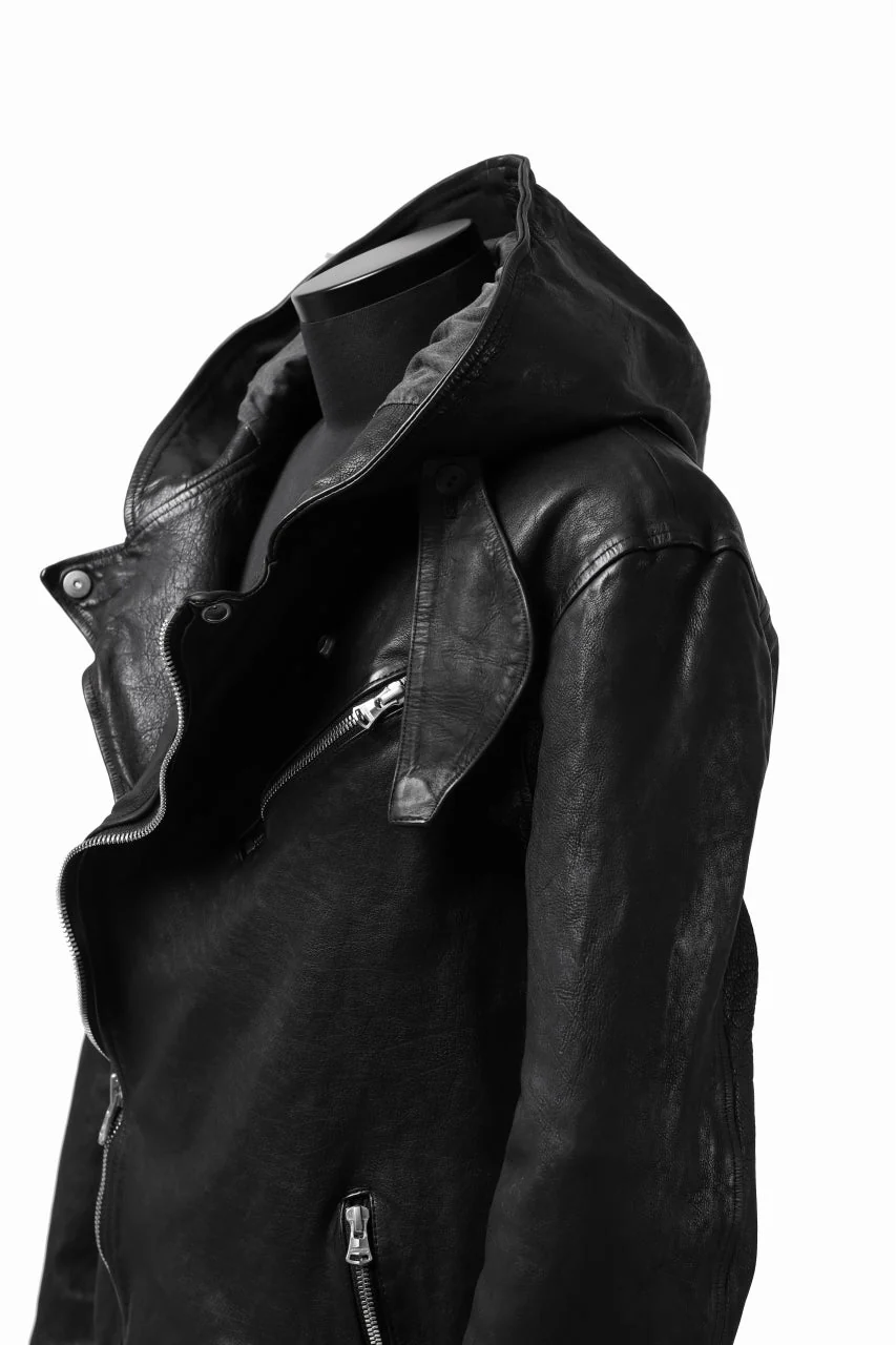 ISAMU KATAYAMA BACKLASH HOODED RIDERS JACKET / GARMENT WASHED JP CALF (BLACK) - Image 41