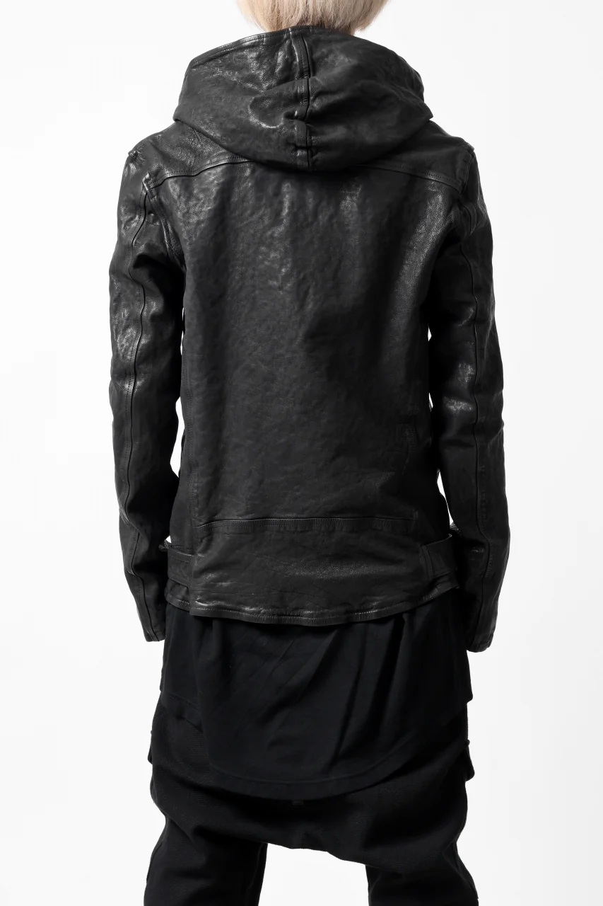 ISAMU KATAYAMA BACKLASH HOODED RIDERS JACKET / GARMENT WASHED JP CALF (BLACK) - Image 5